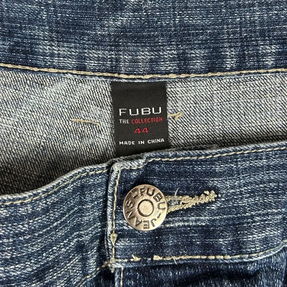 FUBU The Collection Sz 44 Denim Carpenter Shorts Blue Rhinestone Baggy Y2K Work